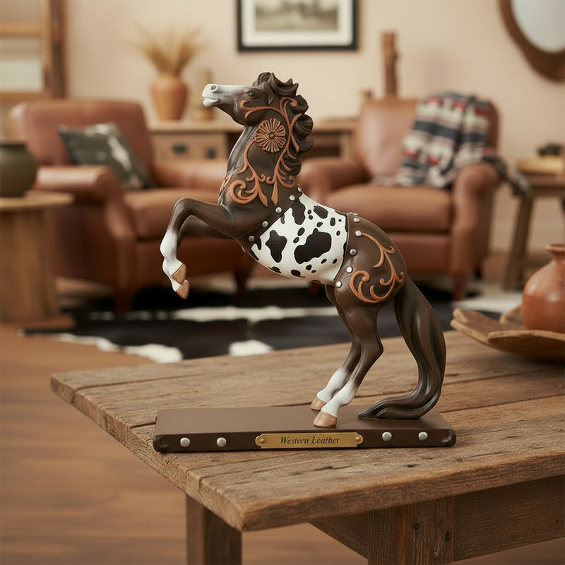 4043945 trail of painted ponies western leather figurine displayed on coffee table in living room with western decor
