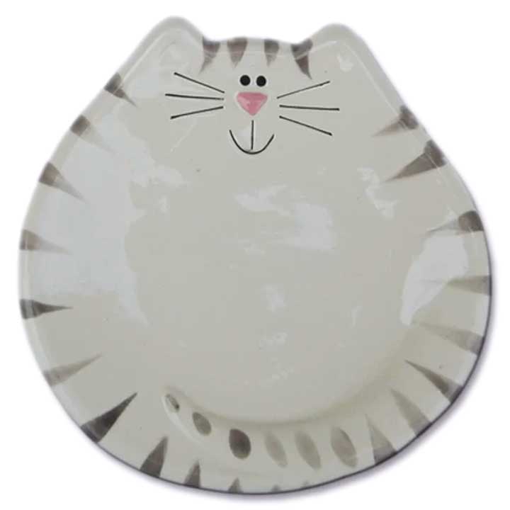 Ceramic 5" Gray Striped White Cat Spoon Rest Snack Dish