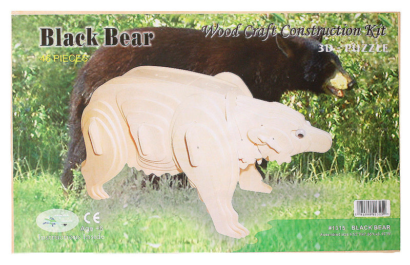 Wood craft puzzle construction kit packaging with black bear on a grassy background