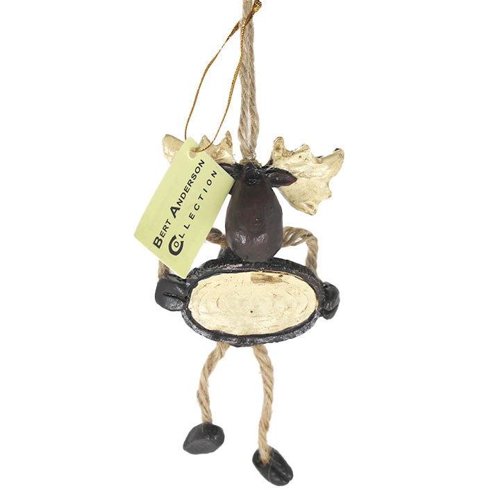 bert anderson moose ornament with customizable plaque facing forward with tag