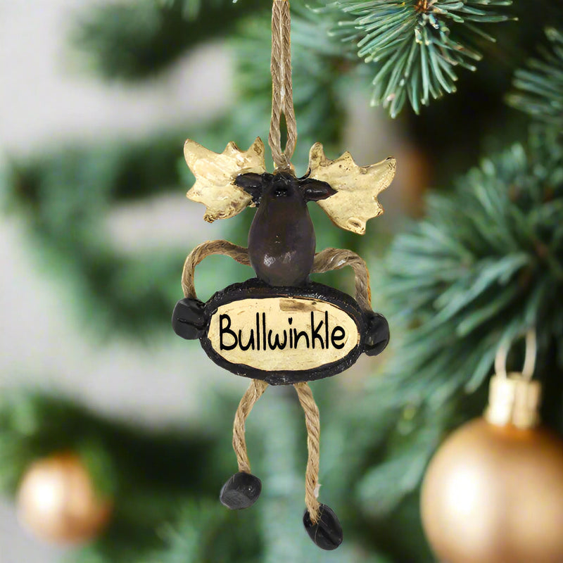 Hanging moose ornament with customized plaque in Christmas tree