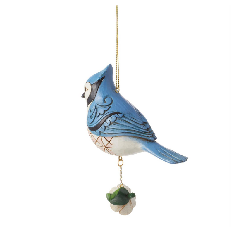 jim shore heartwood creek nature's meadow blue jay above flower hanging ornament - back view