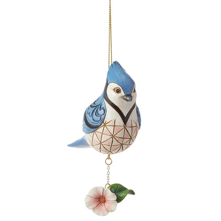 jim shore heartwood creek nature's meadow blue jay above flower hanging ornament - front view