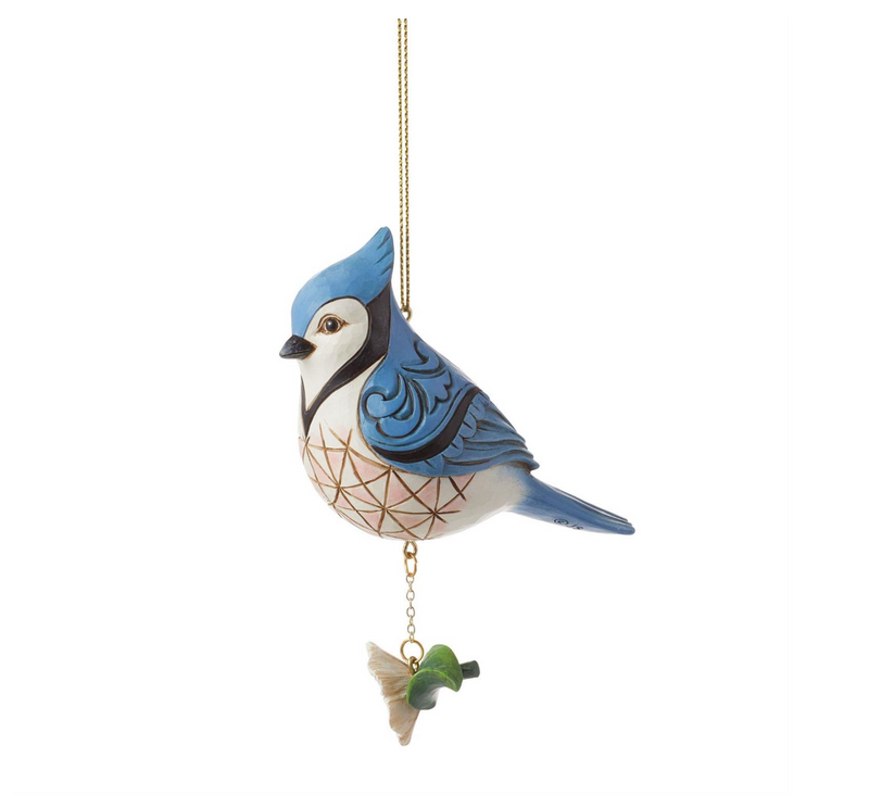 jim shore heartwood creek nature's meadow blue jay above flower hanging ornament - left view