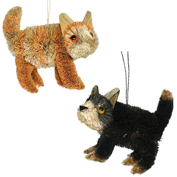bottle brush cat ornaments, ginger tabby cat and tuxedo cat