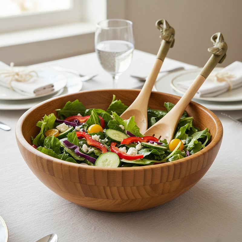 Carved wood spoon and fork set with elephant head handles in salad on a table