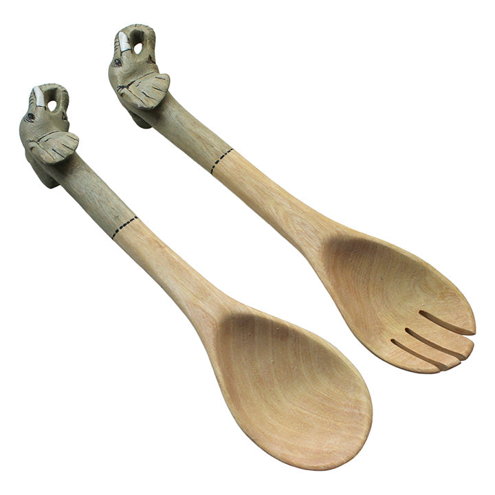 carved wood elephant head handle spoon and fork salad servers