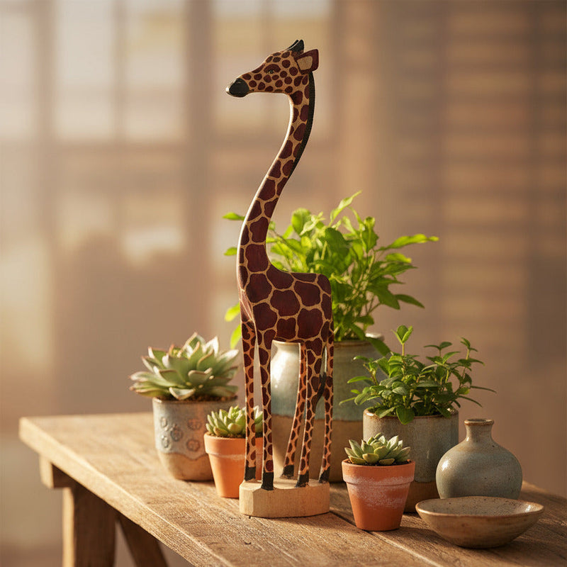 Decorative giraffe figure on a wooden table with potted plants