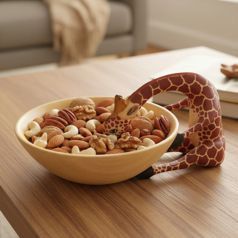 Wooden bowl with a drinking giraffe-shaped handle with mixed nuts inside on a coffee table