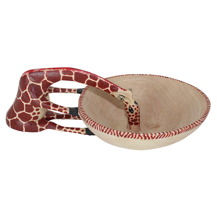 right side view of carved wood drinking giraffe snack bowl