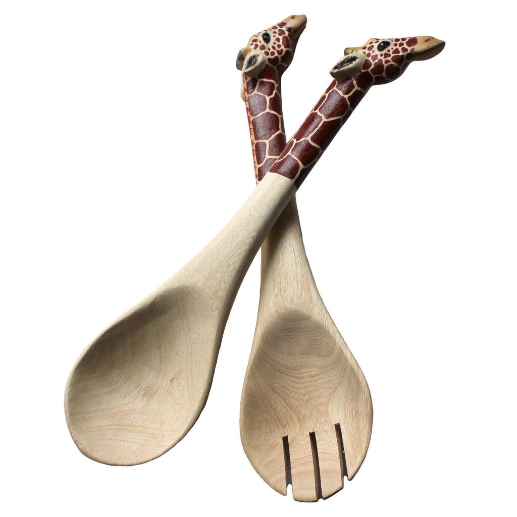 carved wood giraffe head handle spoon and fork salad servers
