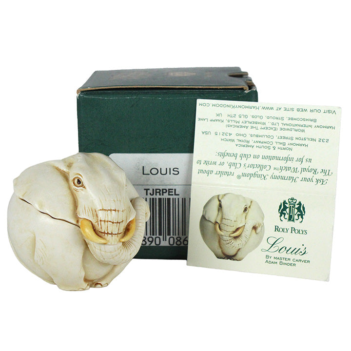 harmony kingdom louis elephant roly polys box figurine with packaging and label on a white background