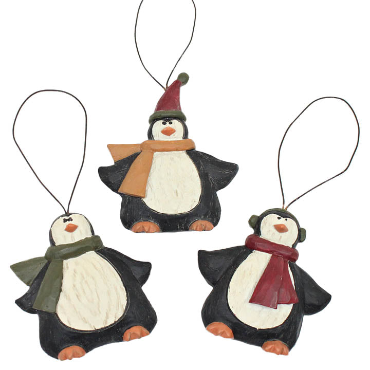 3 blossom bucket penguins in scarves and hats flat backed ornaments