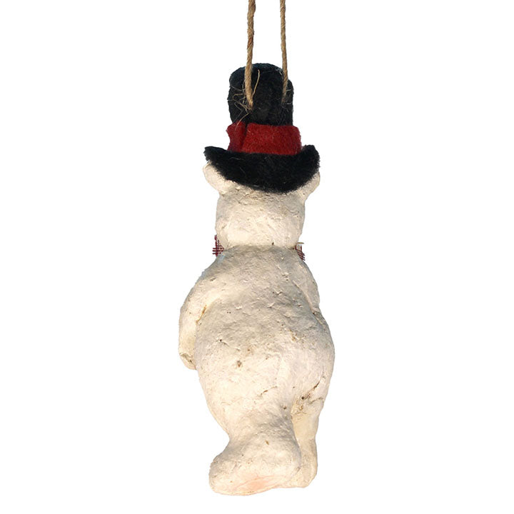 back view of paper pulp polar bear in black top hat ornament in hat with white background