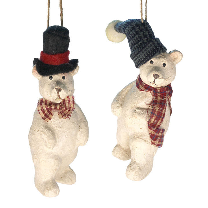 2 paper pulp polar bear ornaments in hats and scarves with white background