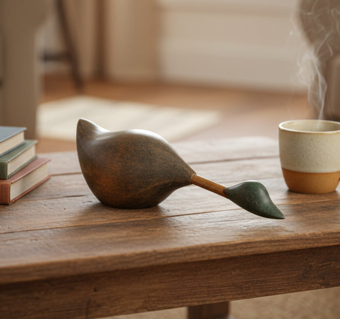 Hand carved stone and metal duck figurine on coffee table with books and cup
