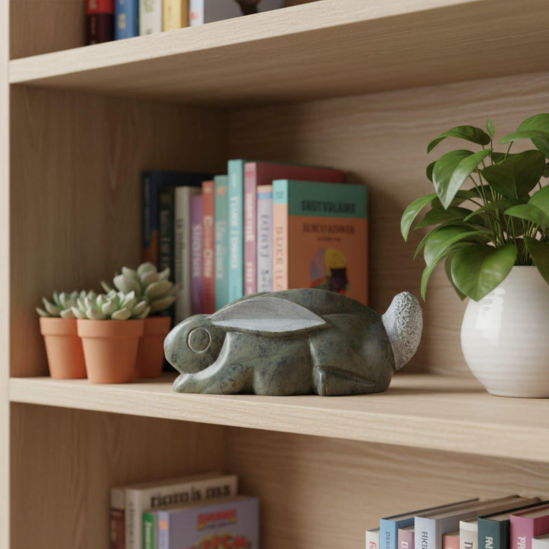 Stone sculpture of a rabbit on bookshelf with plants