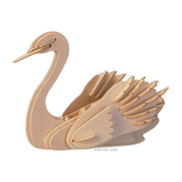 completed wooden 3d swan puzzle sculpture on a white background