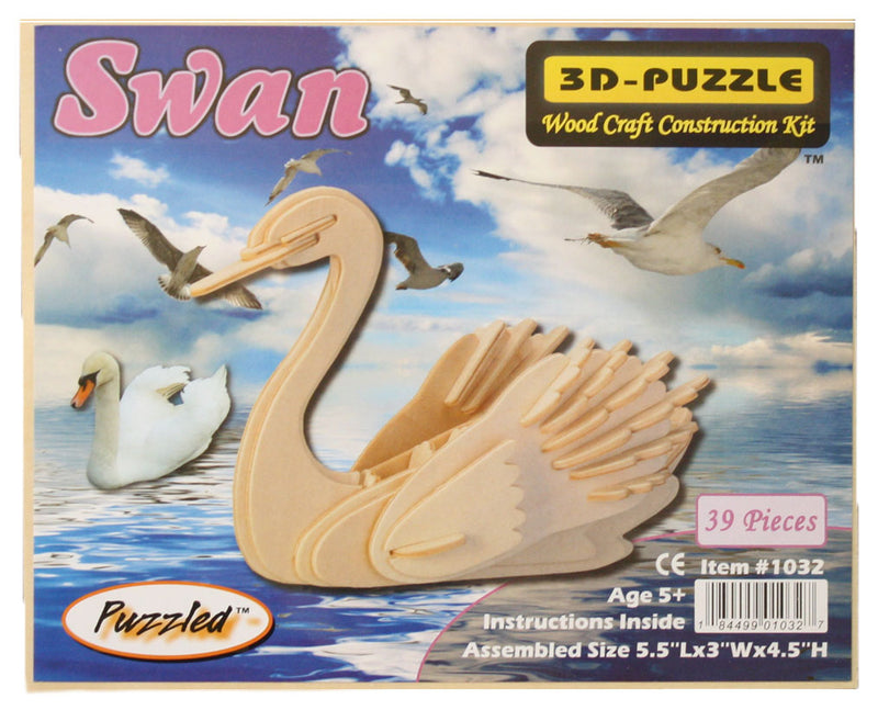 3D puzzle wood craft construction kit packaging with swan design on a blue sky background