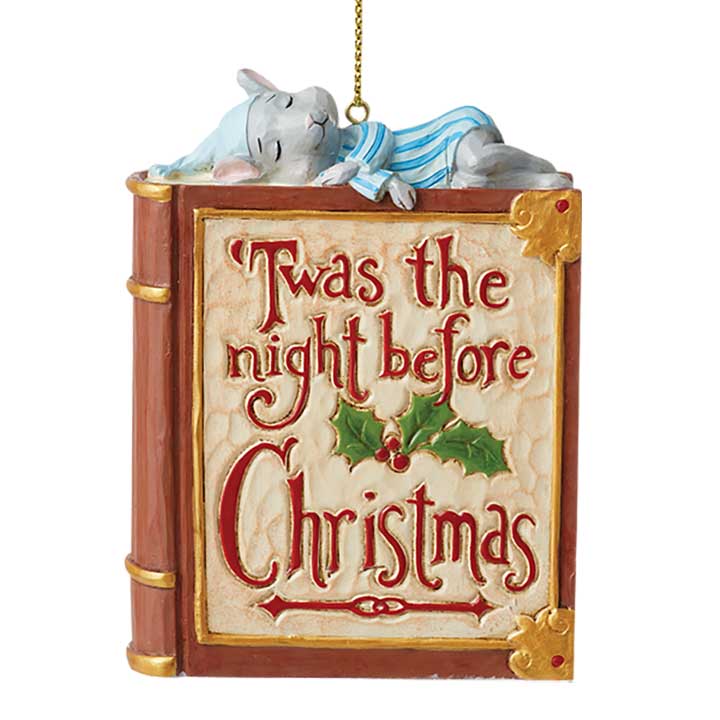 jim shore ornament full front view twas the night before christmas storybook with mouse sleeping on top