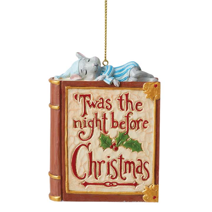 jim shore ornament twas the night before christmas storybook with mouse sleeping on top and cord for hanging