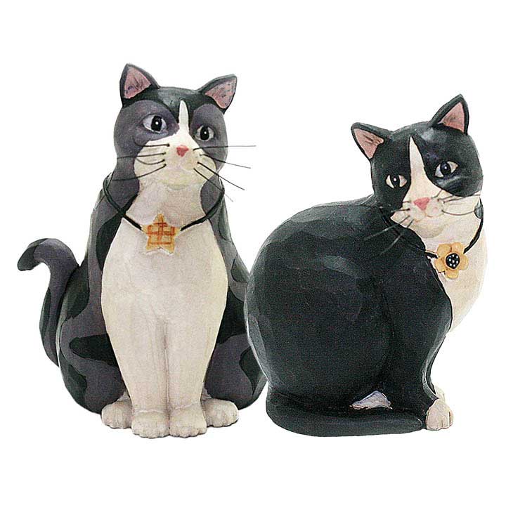 blossom bucket cat figurines with charm collars: left cat wearing star charm, right cat wearing flower charm