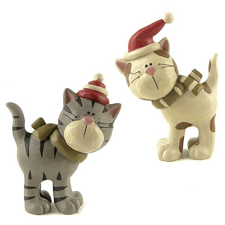 blossom bucket cats in holiday hats and scarves figurines - set of 2 one gray tabby cat and one tan and brown spotted cat