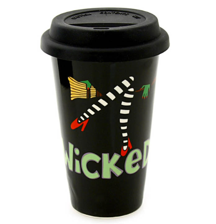 ceramic travel mug with silicone lid and wizard of oz witch graphics and the word Wicked