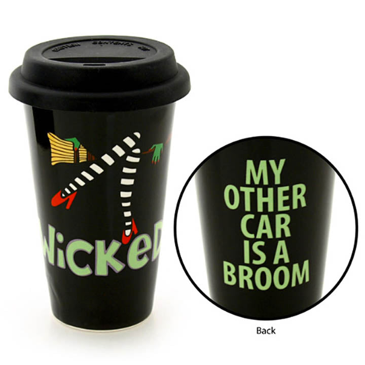 photos showing both sides of the our name is mud ceramic wicked halloween travel mug with silicone lid