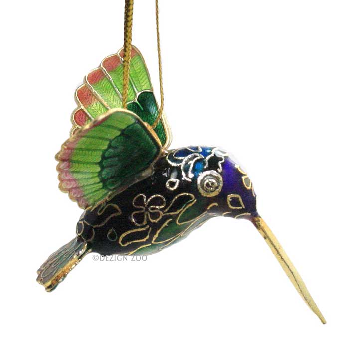 kubla crafts 4867 green blue coral coisonne enamaled mini hummingbird ornament - right side view