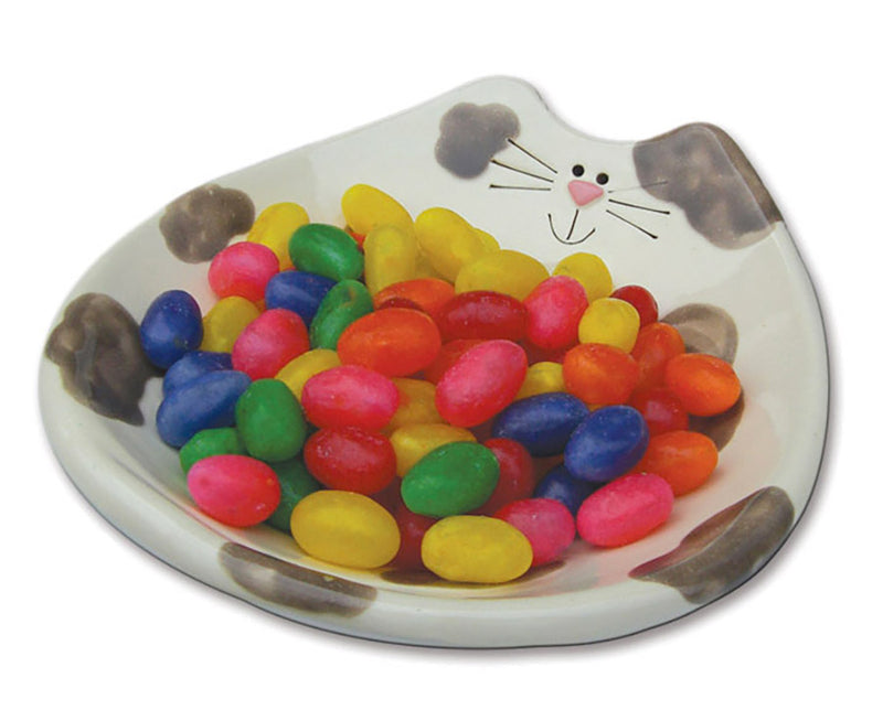 ceramic gray spotted cat dish with candy
