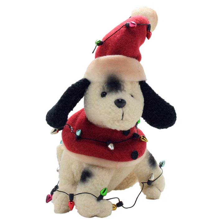 blossom bucket dog figurine - plush black spotted white dog wearing red sweater and santa hat wrapped in christmas light decorations