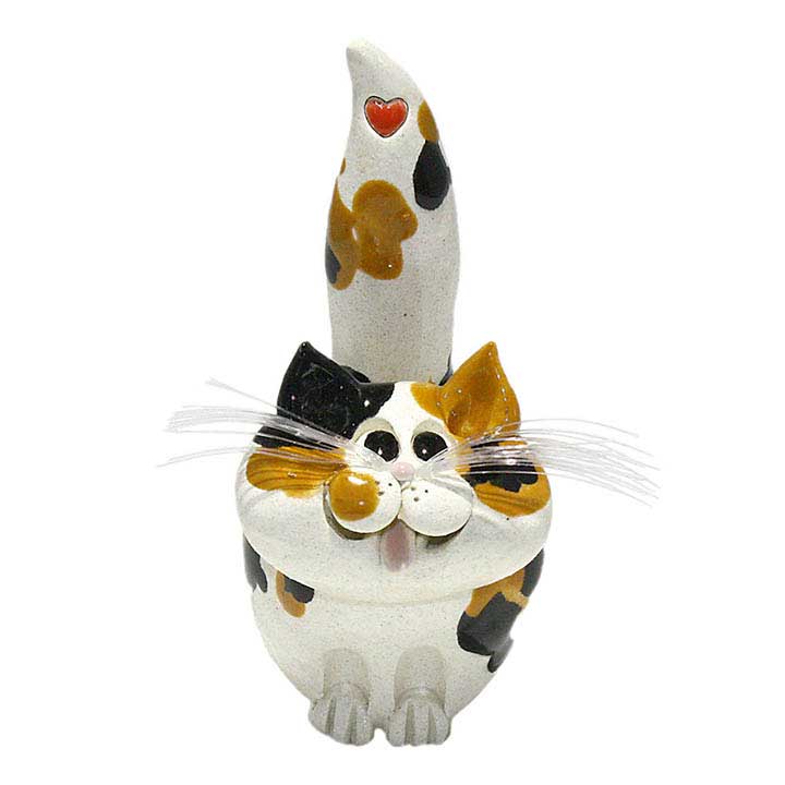 ceramic toothpick holder figurine - front view brown black and white calico cat with heart design on top of tail, one of a kind