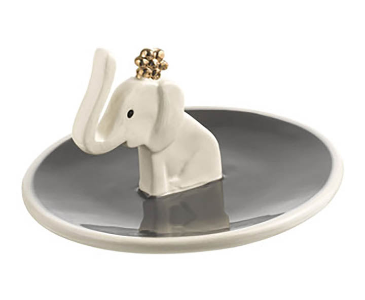gray ceramic dish with white elephant with gold flower on head ring holder