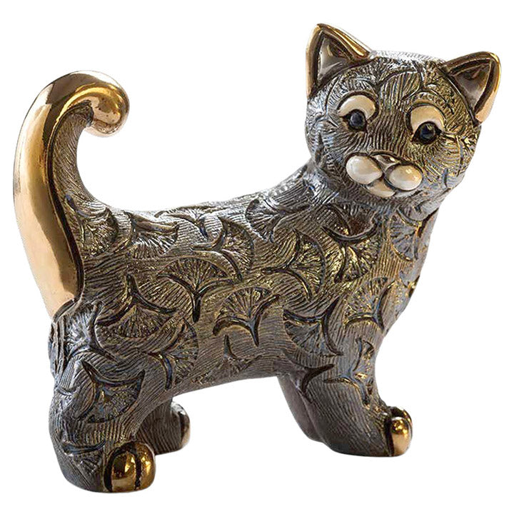 de rosa, F213 gray abanico cat figurine right side with tail up and facing forward - animal figurine