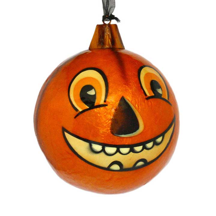 vintage style orange jack on lantern pumpkin with big eyes, scary smile and teeth round halloween ornament