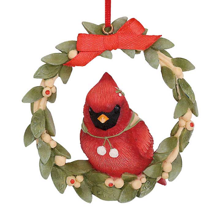 enesco heart of christmas baby cardinal bird on holly wreath ornament - closeup front view
