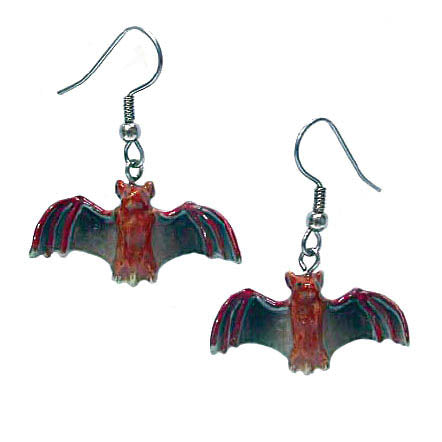 porcelain brown bats with rust colored bodies and wing details facing forward halloween earrings with silver tone french hoops