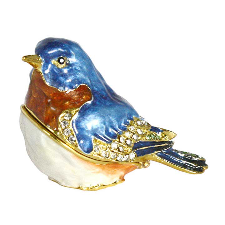 enameled pewter crystal accented bluebird trinket box, figurine, jewelry box - left side view