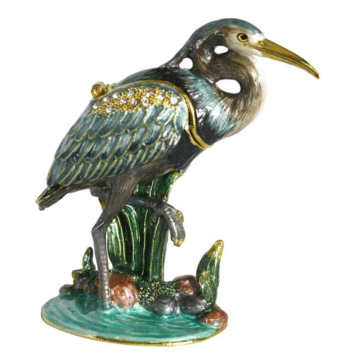 right side view crystal accented enameled pewter blue heron bird figurine trinket box