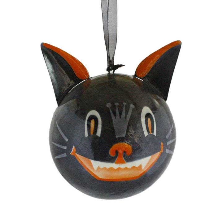 vintage style black cat with spooky grin, fangs showing and ears sticking up round halloween ornament