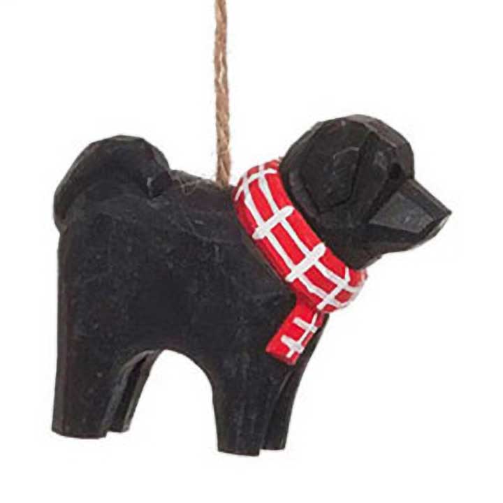 hand carved and painted wood black labrador dog in red and white scarf ornament