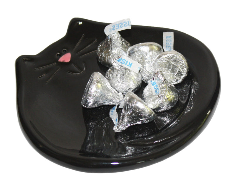 handmade ceramic black cat dish with chocolate kisses candy
