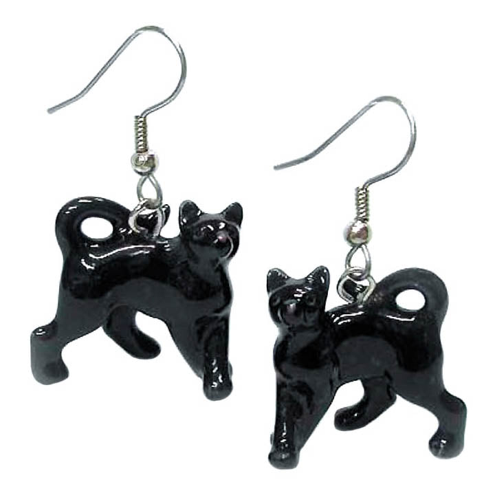 porcelain black cat earrings with silver tone french hoops one facing right the other facing left