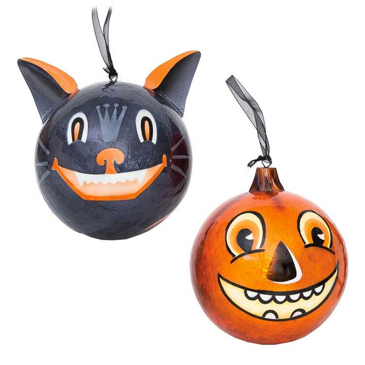 5 inch capiz shell vintage style grinning black cat and smiling jack o lantern pumpkin halloween ornaments