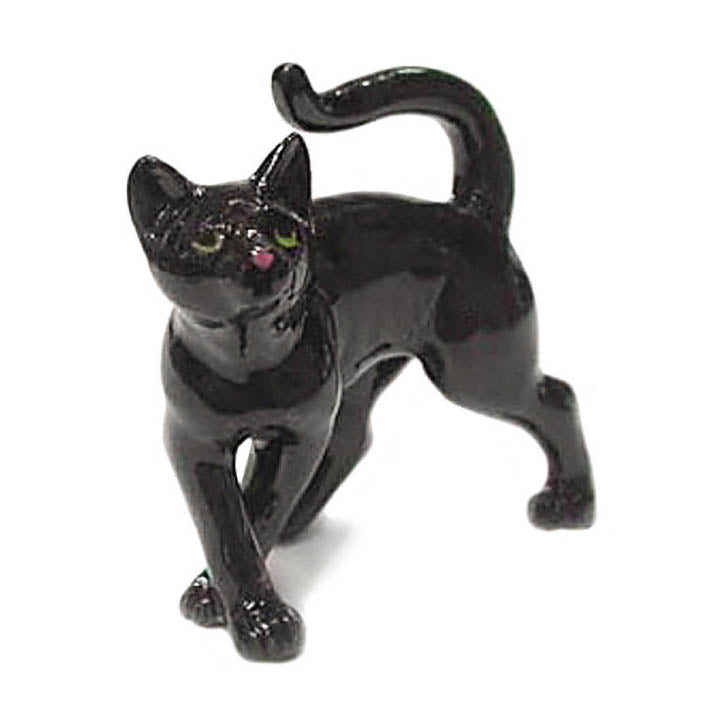 miniature porcelain black kitten facing forward right figurine left side view
