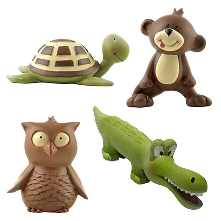 blossom bucket animal figurine - set of 4 - image showing: turtle, monkey, owl, alligator