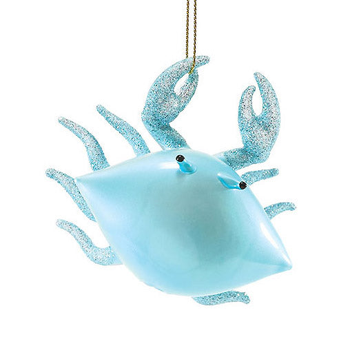 front / top view of department 56 glass blue crab with glittered legs hanging ornament