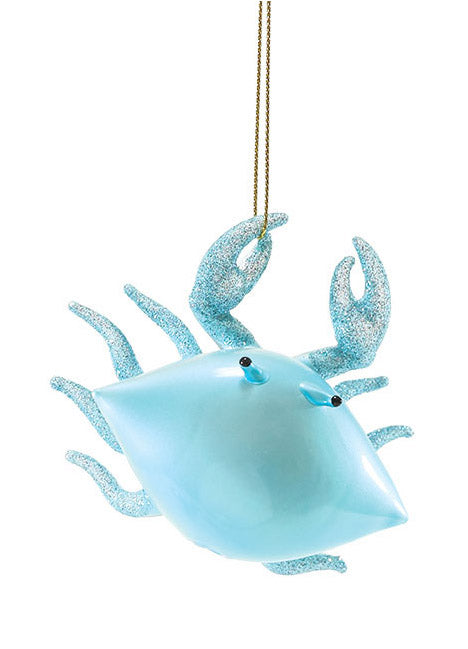 full length view of department 56 glass and glitter blue crab hanging ornament