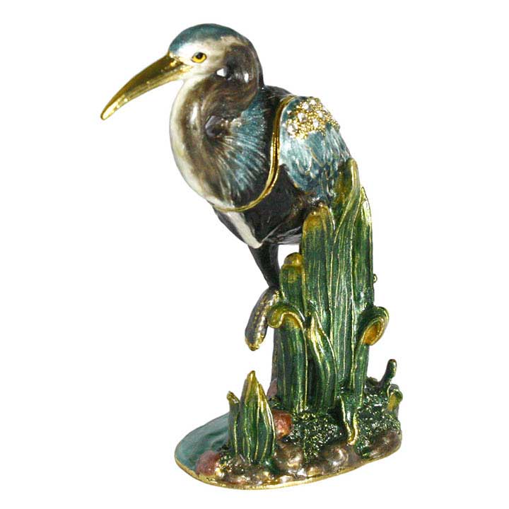 front, left side view crystal accented enameled pewter blue heron bird figurine trinket box